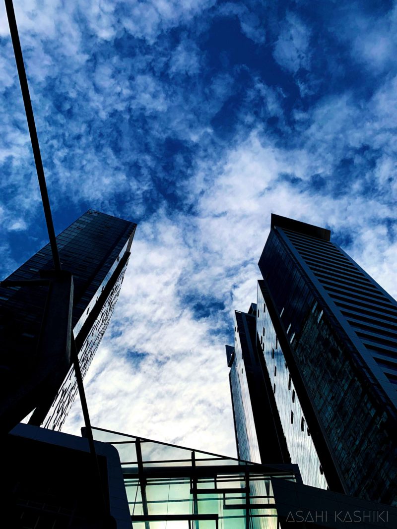 ２つの高層ビルと青空の写真