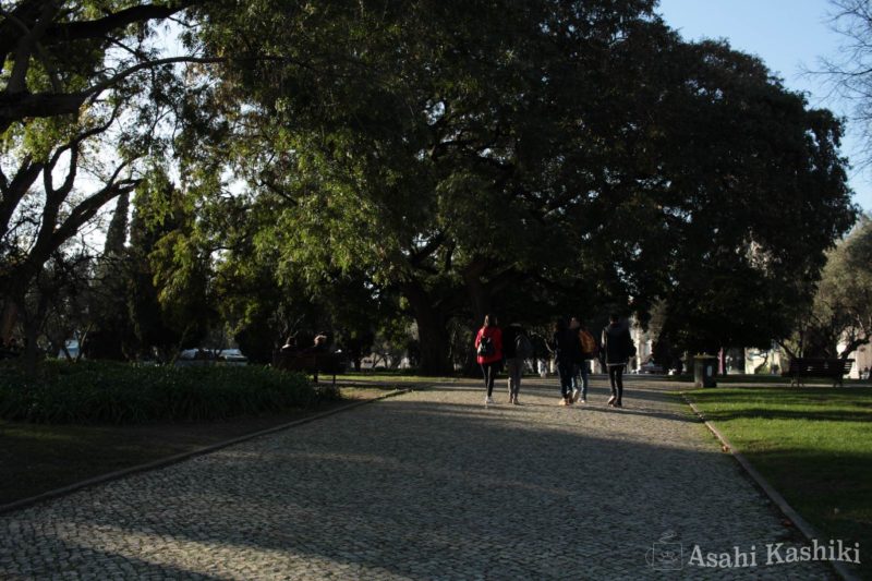 リスボン市内の公園を歩く人々