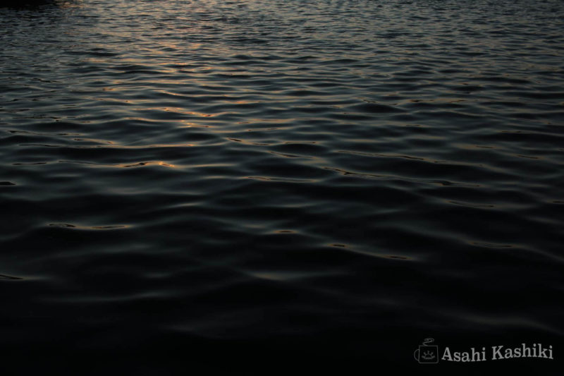 函館・夕日に染まる海の水面