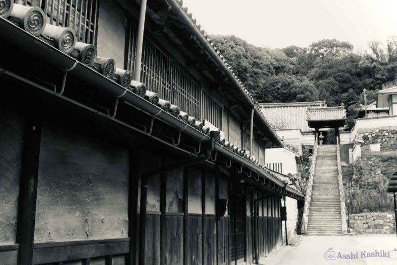 土壁と瓦屋根の屋敷と、山寺に続く階段。階段はかなり長く、山の上まで続いている。