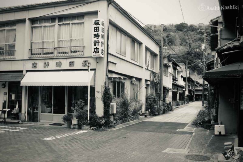 住宅街の路地を撮影した写真。角には坂田時計店と書かれた商店がある。建物にそって、たくさんの鉢植えが並べられている。
